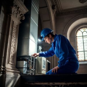 inspecting HVAC equipment inside a historic religious building